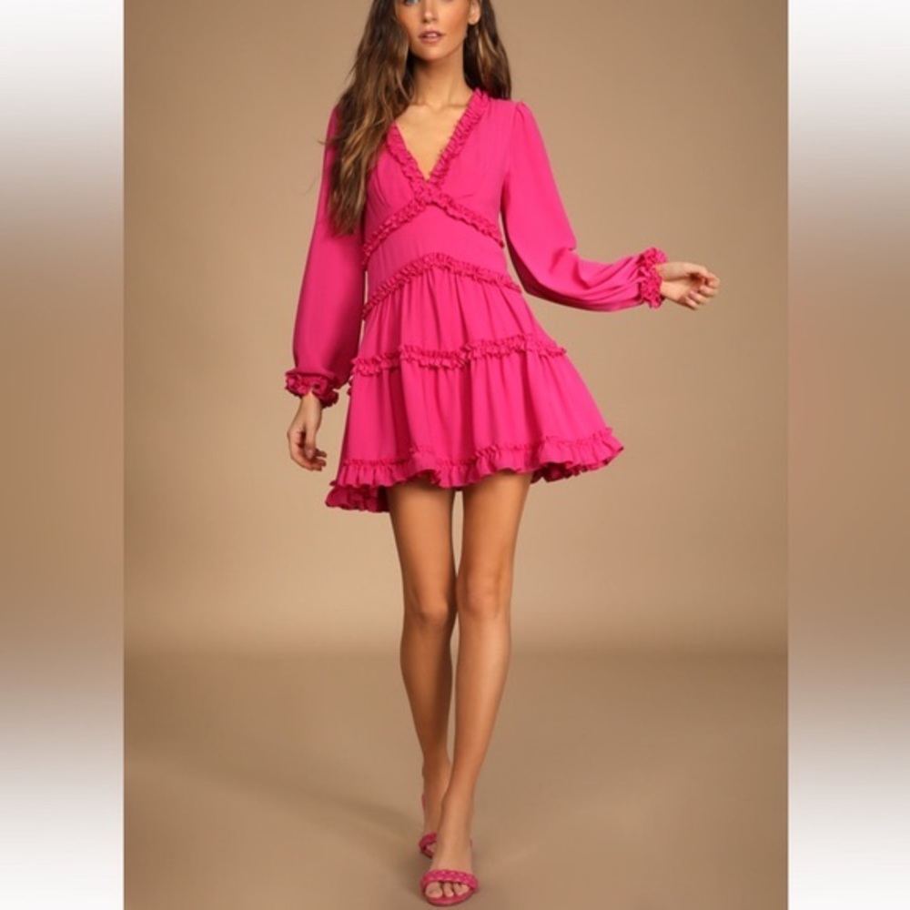 Lulu’s Simply Darling Magenta Ruffled Long Sleeve Mini Dress